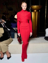 New Sexy Turtleneck Long Sleeve Cross Design Bandage Dress Women Red Jacquard Folds Bodycon Long Dresses Evening Party Gowns