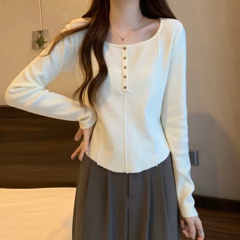 Pure Desire Style Women Square Neck Double Sided Dralon Top Autumn Winter Curved Hem Button Thermal Long Sleeve T Shirt S-XXL