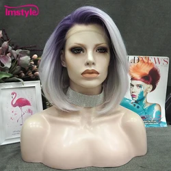 Imstyle-peluca Bob corta de fibra resistente al calor para mujer, pelo sintético con malla frontal, ombré, Morado, blanco, fiesta, Cosplay