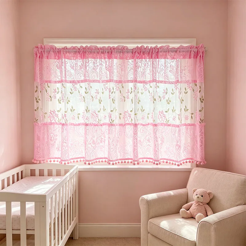 1pc Girlish Spliced Pink Phoenix‑Tail Lace Valance, Dark Pink Hydrangea Embroidered Semi‑Sheer Curtain with Pom‑pom Fringe