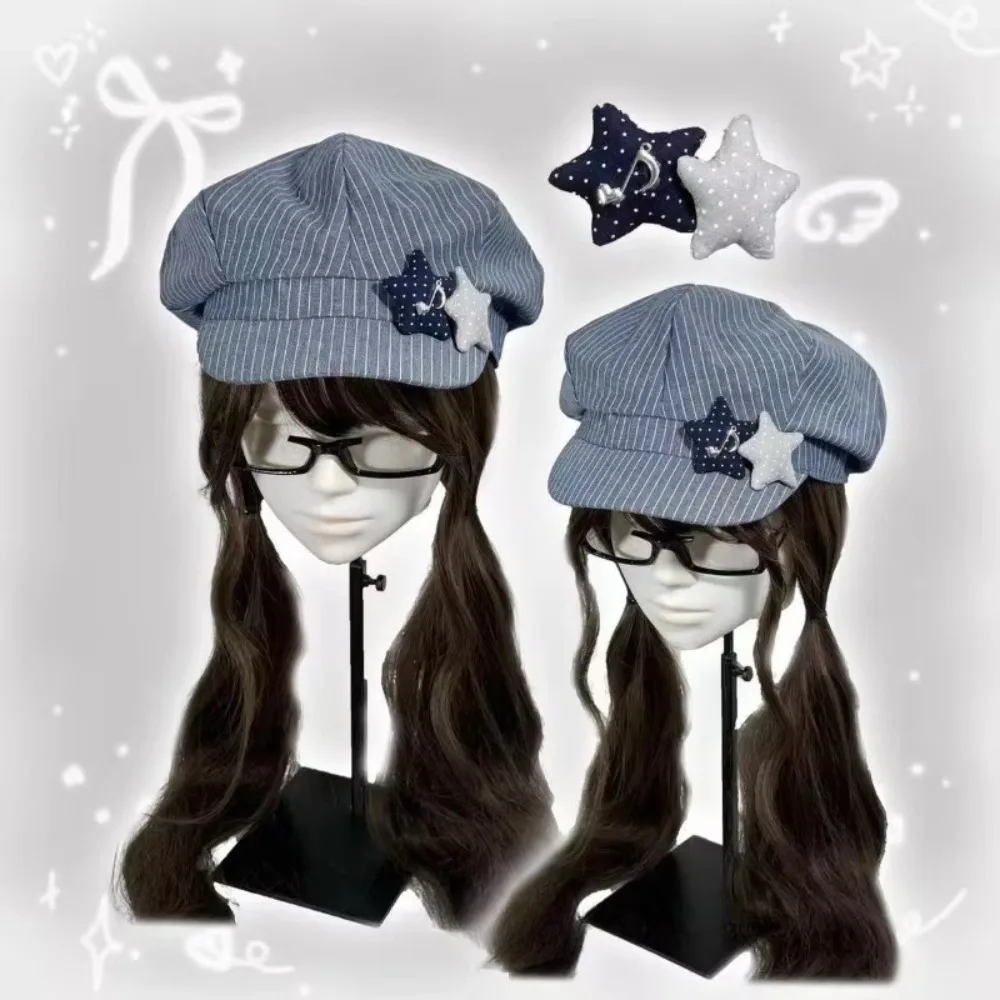 Retro Striped Beret Hat Soft Foldable Newsboy cap Star Decoration Octagonal Hat for Girls