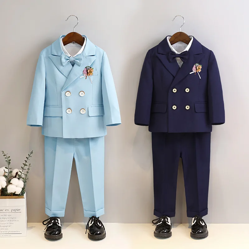 Children Sky Blue Piano Party Dress Kids Jacket Pants Bowtie Strap 4PS Ceremony Photograph Suit Flower Boys Performance Costume