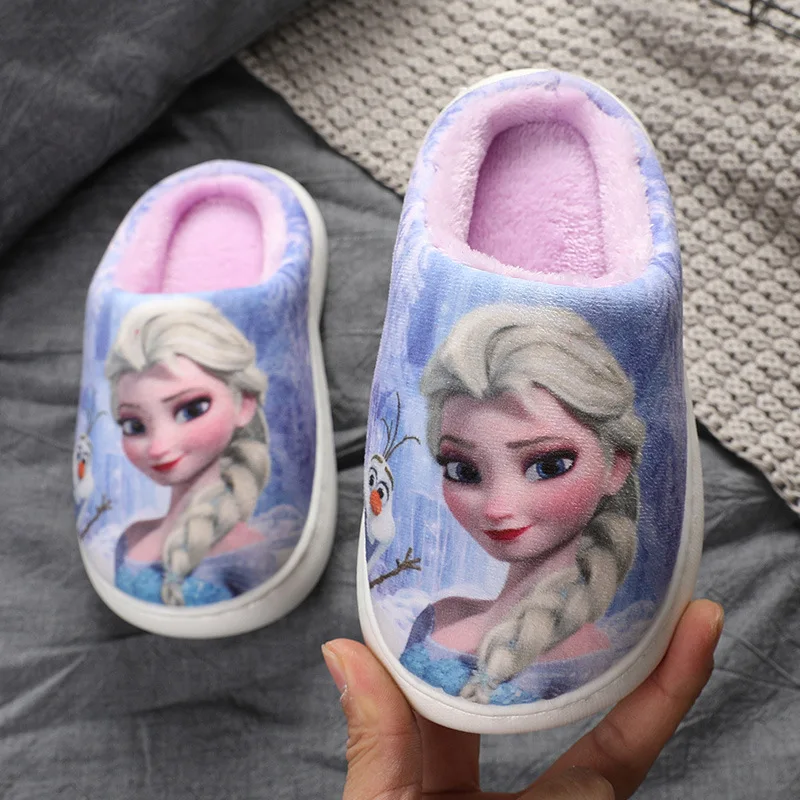 Disney Winter Cute Cartoon Non-slip Children\'s Plush Slippers Soft Sole Flip Flops Kids Girls Indoor Mule Warm Home Cotton Shoes