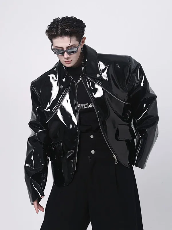 

Faionable ort PU Leather Jaet Men's Zipper Decorated Street Sle High-End Feel Outerwear Youth Vitali Wind Autumn Ca...