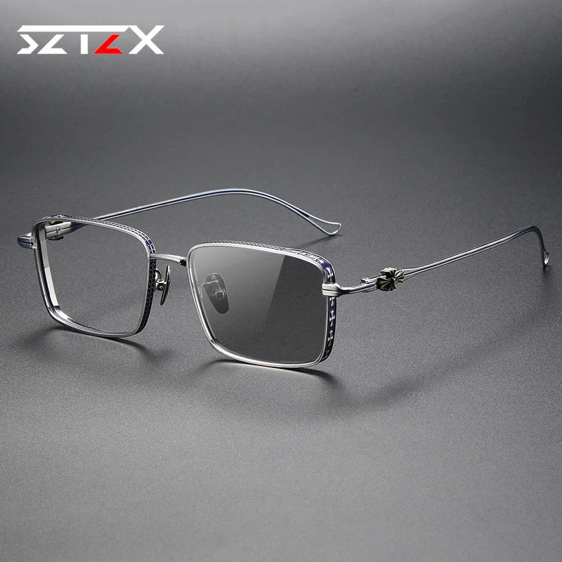 SZTZX Classic Chrome Style Hearts Reading Glasses Anti Blue Ray Prescription Glasses Pure Titanium Carving Optical Eyewear Frame