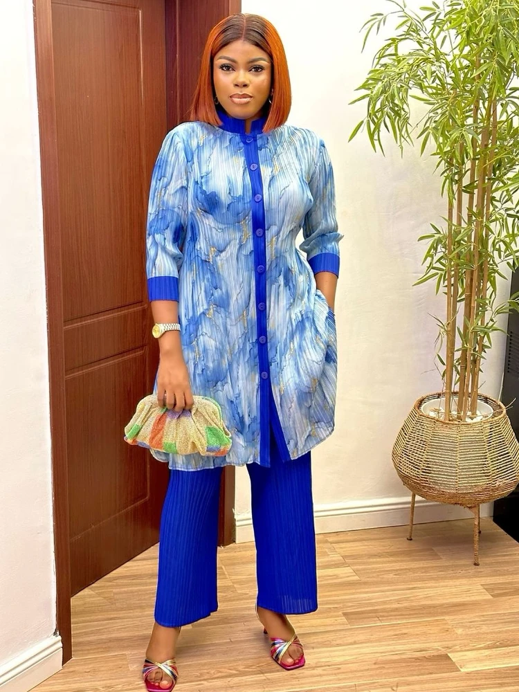 EGRM 2025 Frühjahr Neue Miyake Plissee 2 Stück Set Frauen Mode Stehen Kragen Unregelmäßige Mittlere Länge Tops Gerade Hosen Sets 6R9135