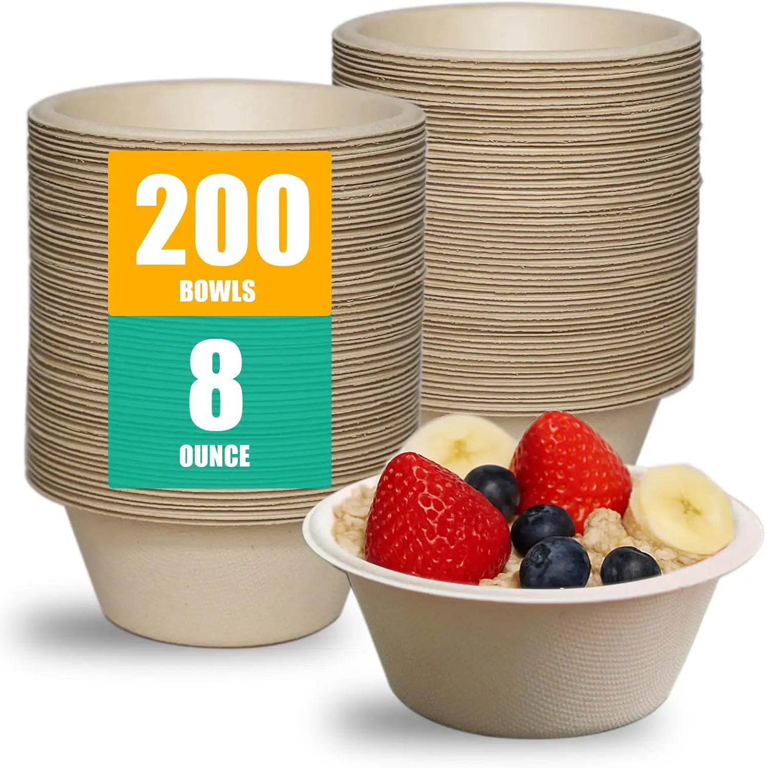 

200 Count 8 oz Compostable Paper Bowls, Heavy Duty Biodegradable Sugarcane Bowls for Snacks and Desserts