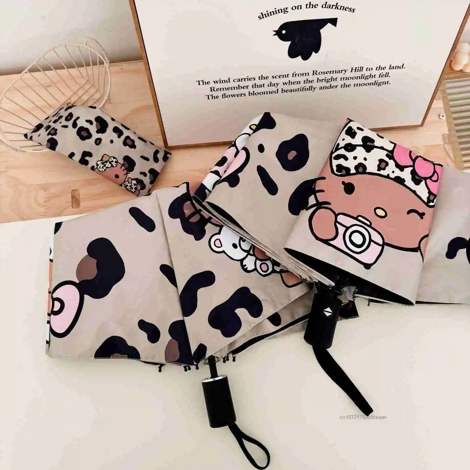 Sanrio Hello Kitty Leopard Pattern Fully Automatic Umbrella Women Black Rubber Sunshade Umbrella New Cute Trend Folding Umbrella