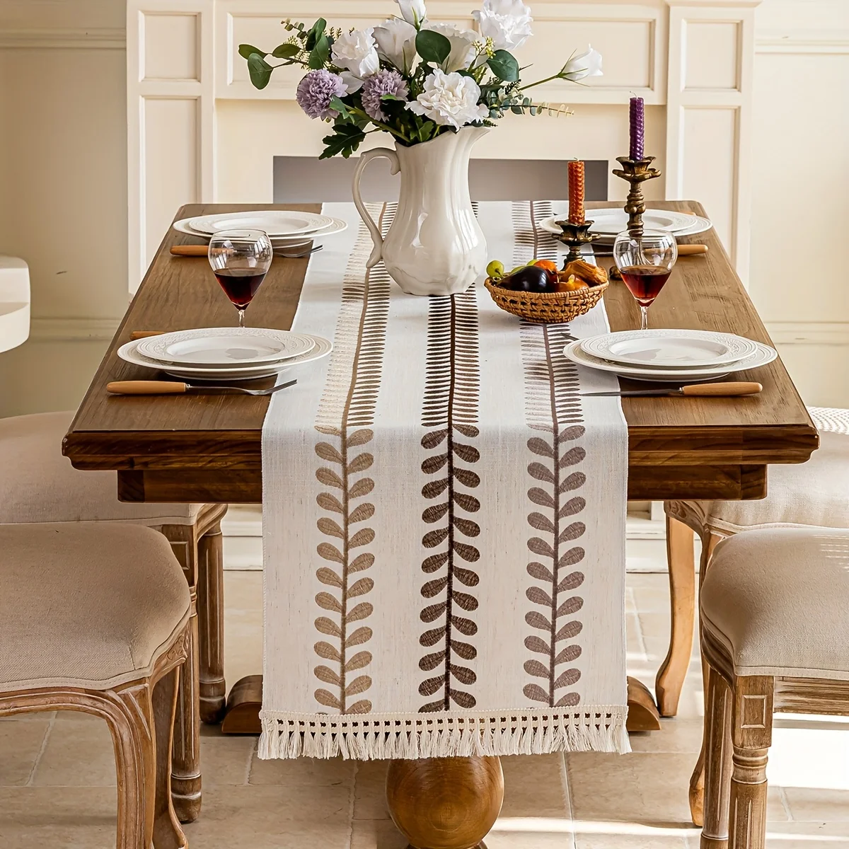 VIKAMA American Vintage Table Runner Fringe Trim Waterproof Oil-Resistant Easy to Clean Living Room Study Holiday Party Decor