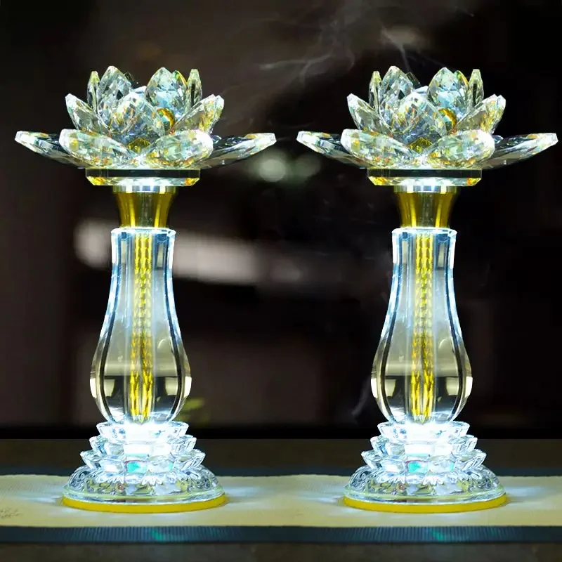 

2pcs Glass Simulated Candle Holder Ornament Household Lotus Shaped Candlestick Buddhist Supplies Feng Shui Accessories