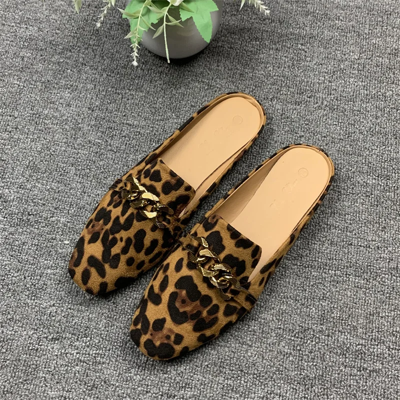 Women Leopard Brown Retro Slides Square Toe Wide Fits Shoes Flat Heels 32-45 Slippers American And European Style Free Shipping