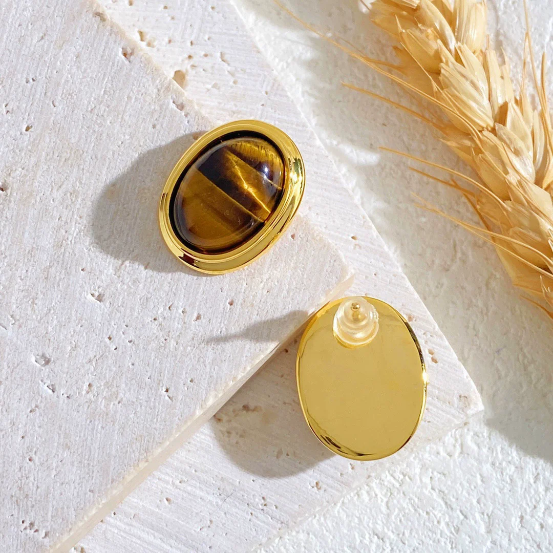 

Hip hop fashion retro court style pigeon egg geometric oval tiger eye stone earrings boutique earrings