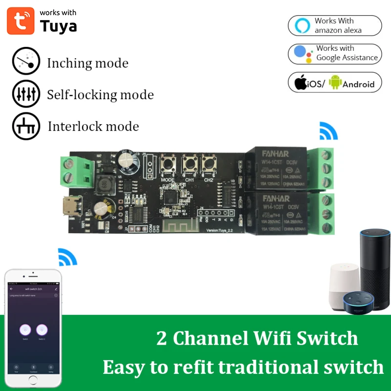 Tuya WiFi Relay Smart Switch Module 1/2/4CH DC 5V-32V Switch Module Smart Life APP Control Module Timer Inching Self-Locking