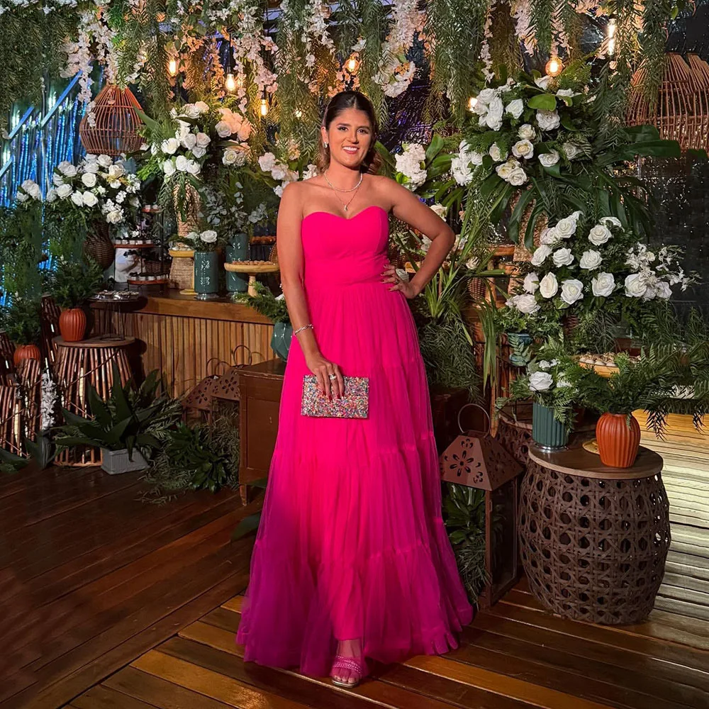 

Msikoods 2025 Strapless Hot Pink Tulle Evening Dress Layered Prom Dress Party Guest Gown Women Customized Formal Occasion Dress