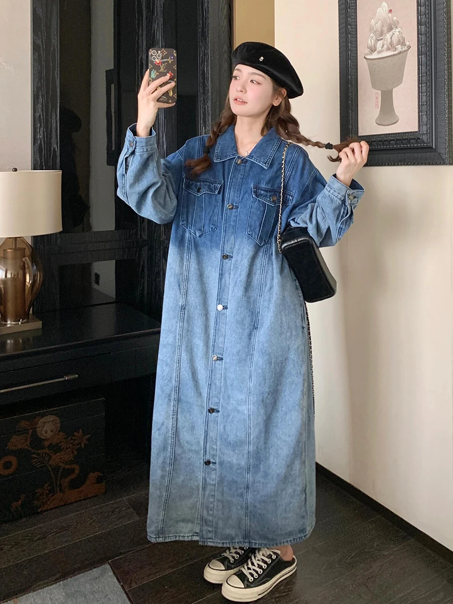 REDDACHiC Vintage Blue Gradient Shirt Dress Women Button Down Shoulder Pads Midi Long Sleeves Oversized Denim Jacket Streetwear