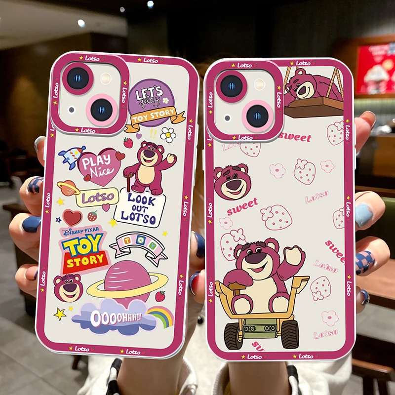 Disney strawberry bear Lotso Apple Case For iPhone 15 14 13 12 11 Mini XS XR X Pro MAX 8 7 6 Plus SE Angel Eyes Transparent