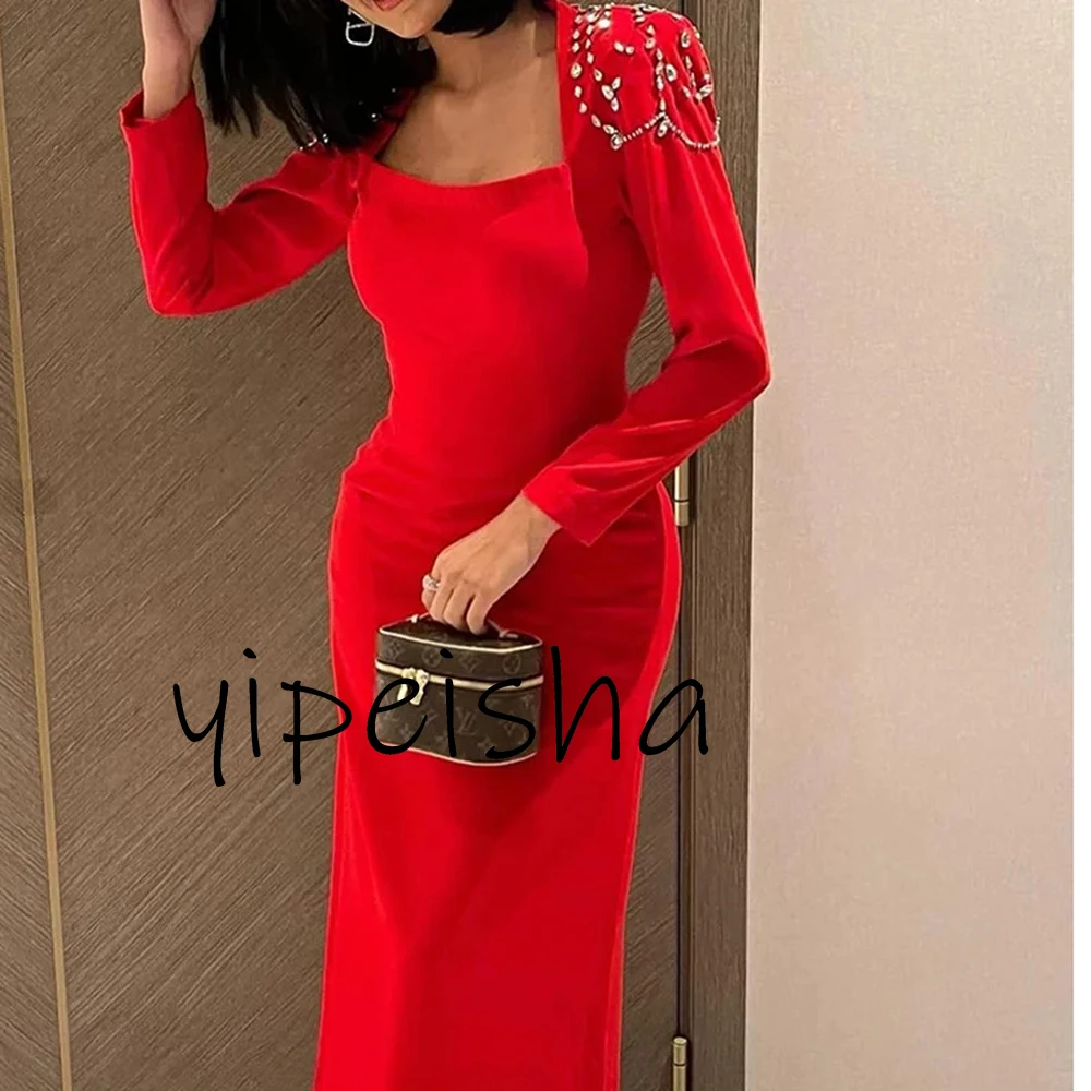 Yipeisha Elegant Simple Red Jersey Evening Gowns Suqare Collar Crystal Sheath Ankle Length Formal Pageant Party Dresses