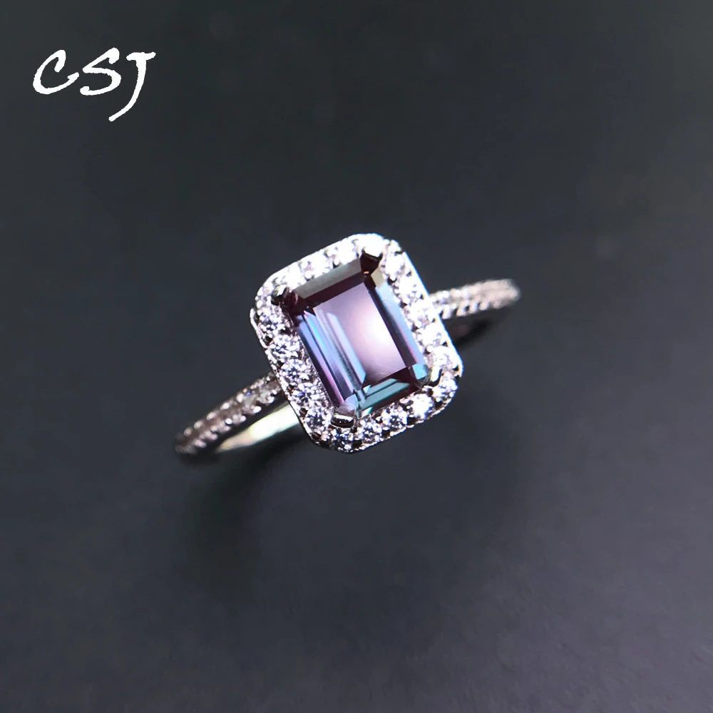 

CSJ Elegant Lab Grown Alexandrite Rings Sterling 925 Silver Gemstone OCT5*7mm for Women Birthday Party Jewelry Gift