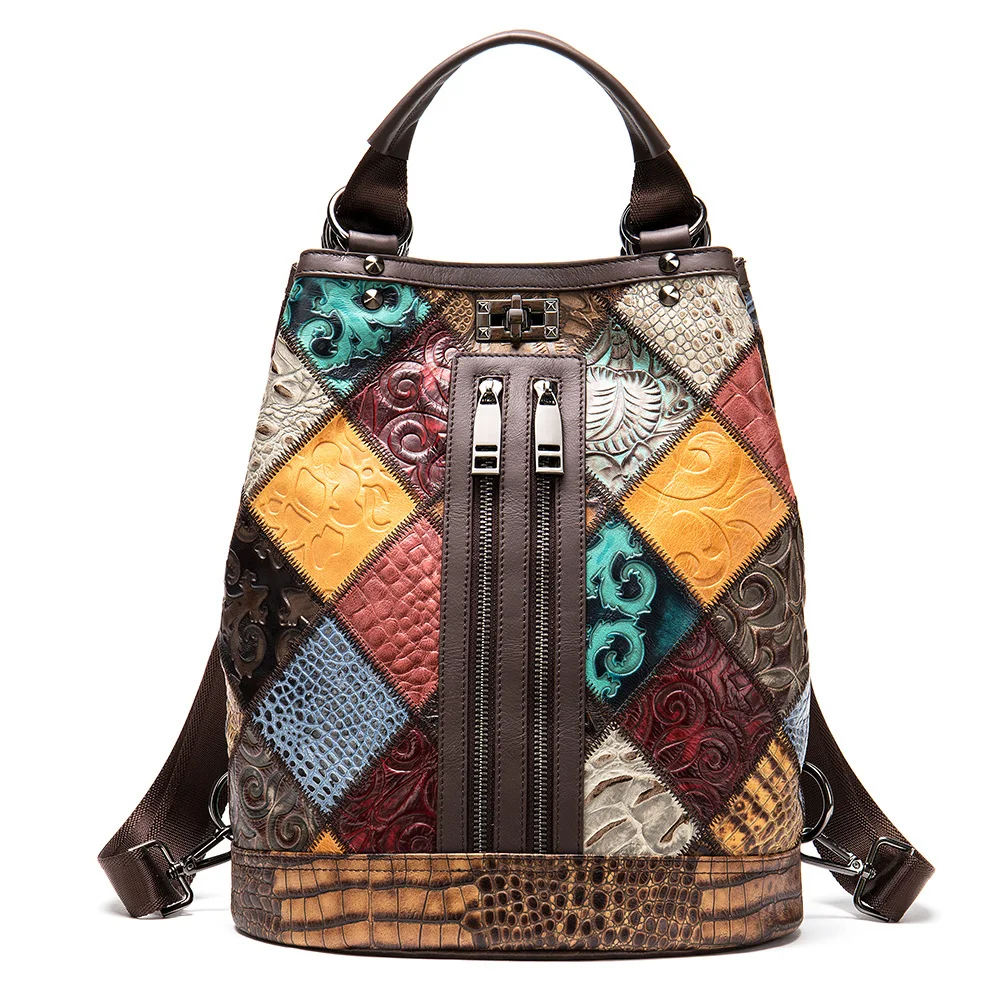 Backpacks For Women Patchwork Colorful Genuine Leather School Students Female Bags Handbag Girls Laptop Travel