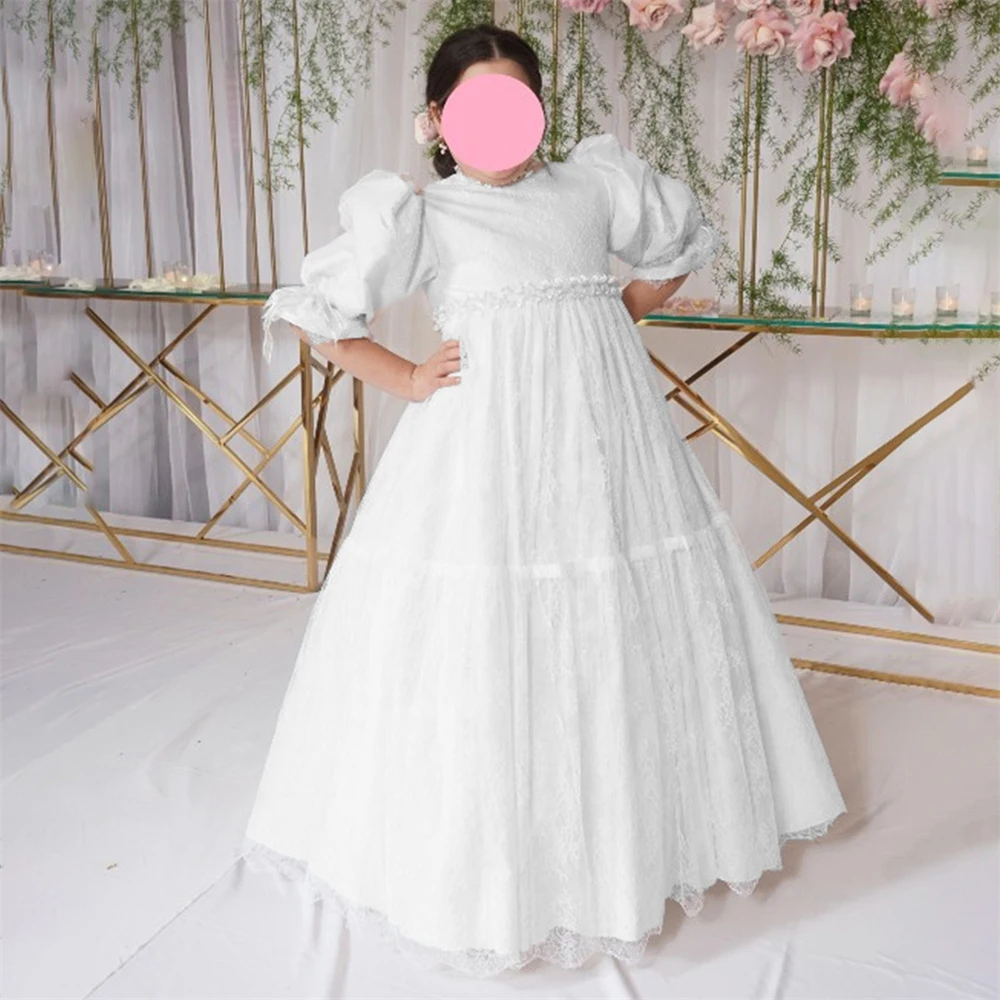 Applique Lace Luxury O Neck Half Puff Sleeve First Communion Dress Floor Length Long Ball Elegant Flower Girl Gown Customized