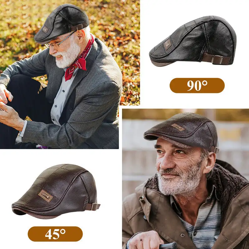 New Fashion Leather Beret Autumn Winter Men Beret Hat Real Leather Flat Cap Male Adjustable Warm Leather Mens Retro Beret Caps