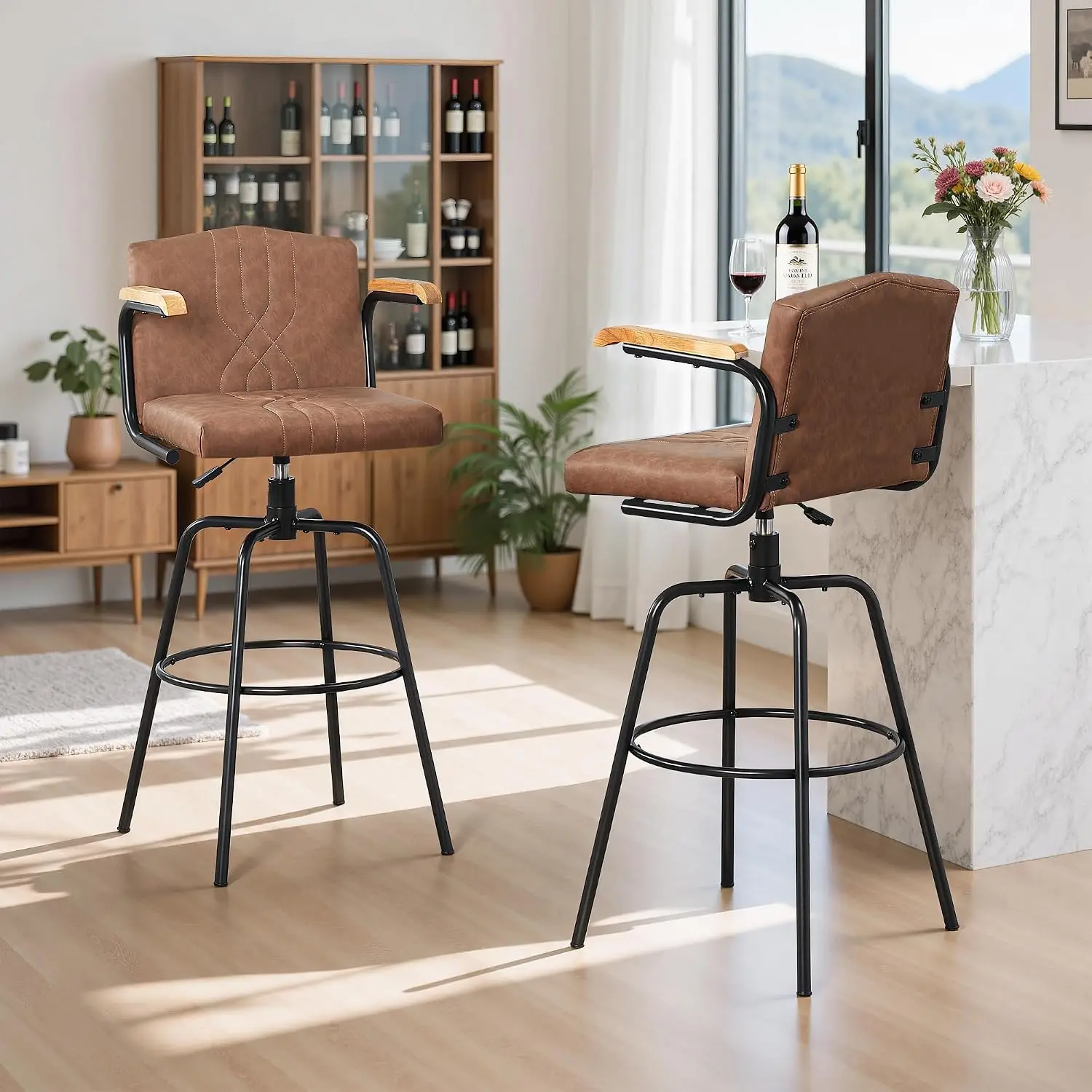 Bar Stools Set of 2, Swivel Faux Leather Bar Stools with Backs and Footrest, for Kitchen Islands, Dining Counters, Home Bars, Brown