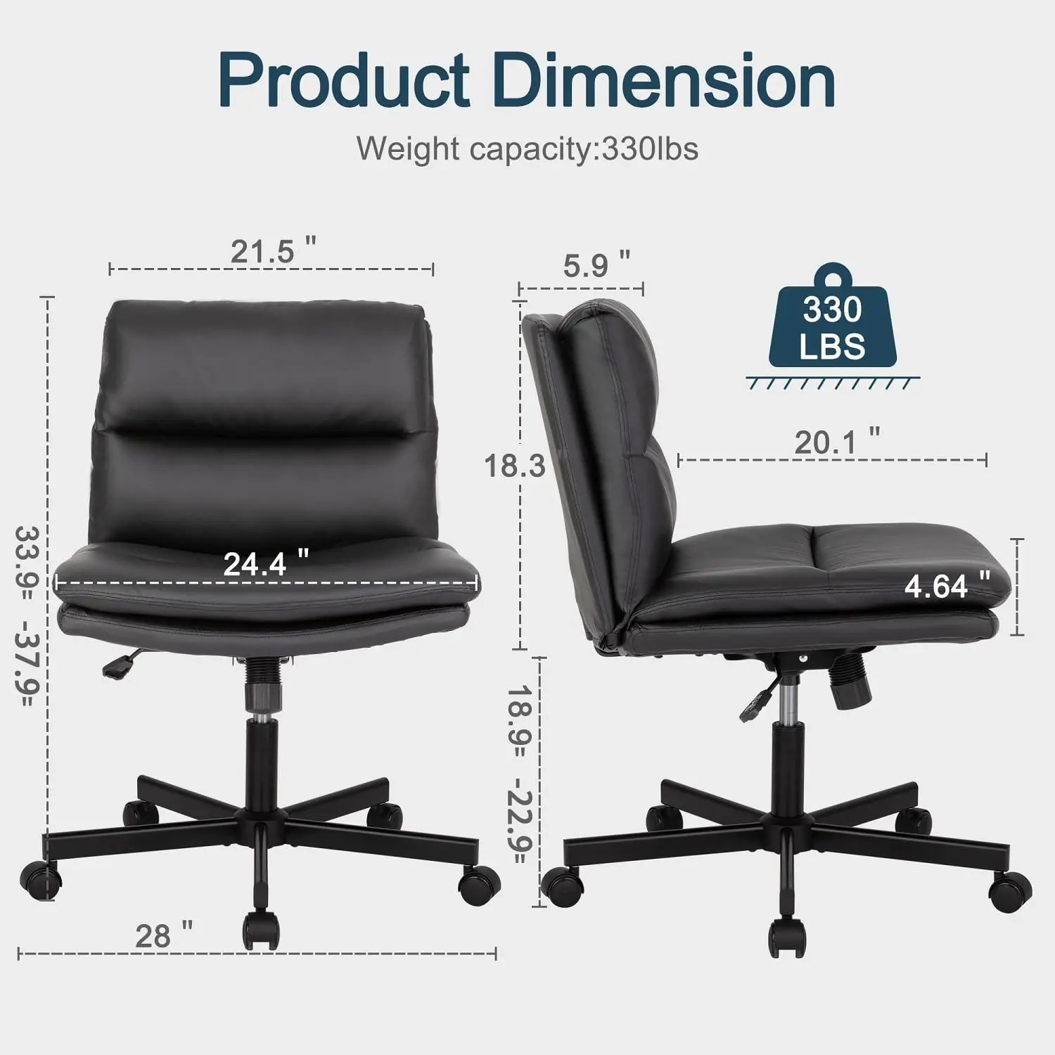 Armless Cross Legged Chair with Wheels, Wide PU Leather Swivel Height Adjustable Desk Chair for Home & Vanity, Customized