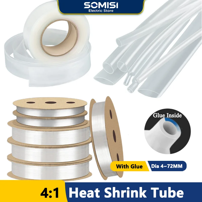 1/3/8M Dia.4/6/8/12/16/20/24/32/36/40/52/72mm 4:1 Thick Glue Heat Shrink Tube Thermoresistant Tube Heat-shrinkable Cable Clear