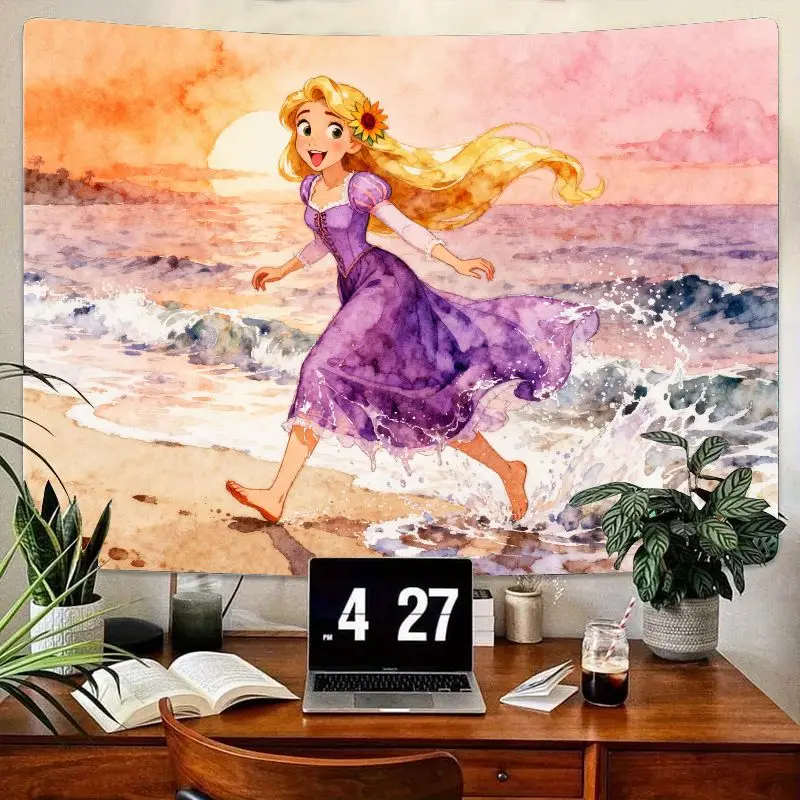 

1PC Rapunzel Princess Watercolor Sunset Beach Tapestry, Modern Polyester Wall Art, Girl Room Decor Gift