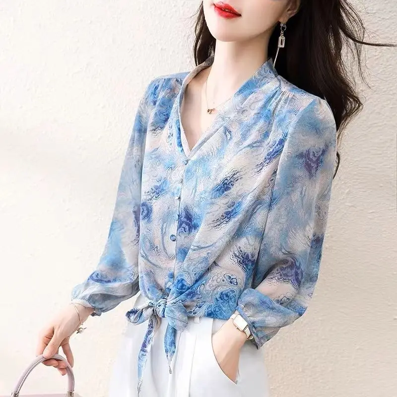 2023 New Spring Fashion Printing Chiffon V-neck Long Sleeve Blouse Ladies Elegant Lacing Loose T-Shirt Women Clothes Korean Tops