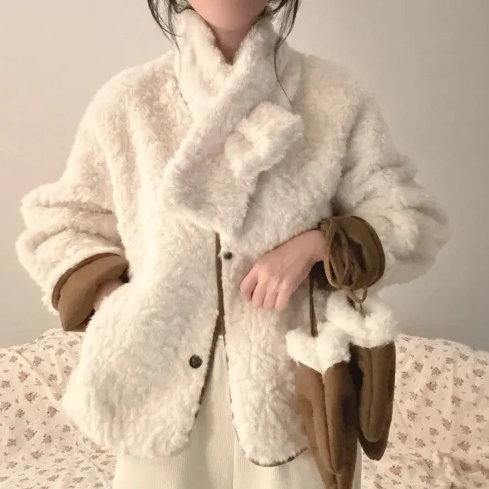

Шикарное зимнее пальто Thiened для женщин, мягкое пушистое тюре с шарфом, перчатки, одинаковые милые маленькие размеры, верхняя одежда из смеси хлопка