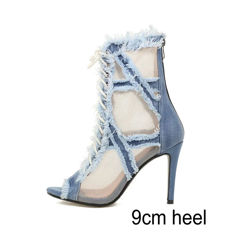 Brushed Denim Jeans Fabric Mesh Net Sexy Punk Lace Up Girls Summer Boots Big Size 46 Peep Toe Stiletto Heels Women Boots Sandals