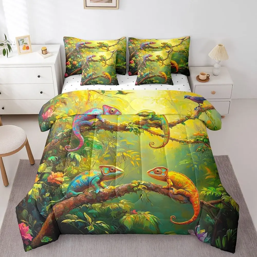 

7-Piece Queen Comforter Set: Tropical Jungle Wildlife Theme Bedding for Kids & Teens