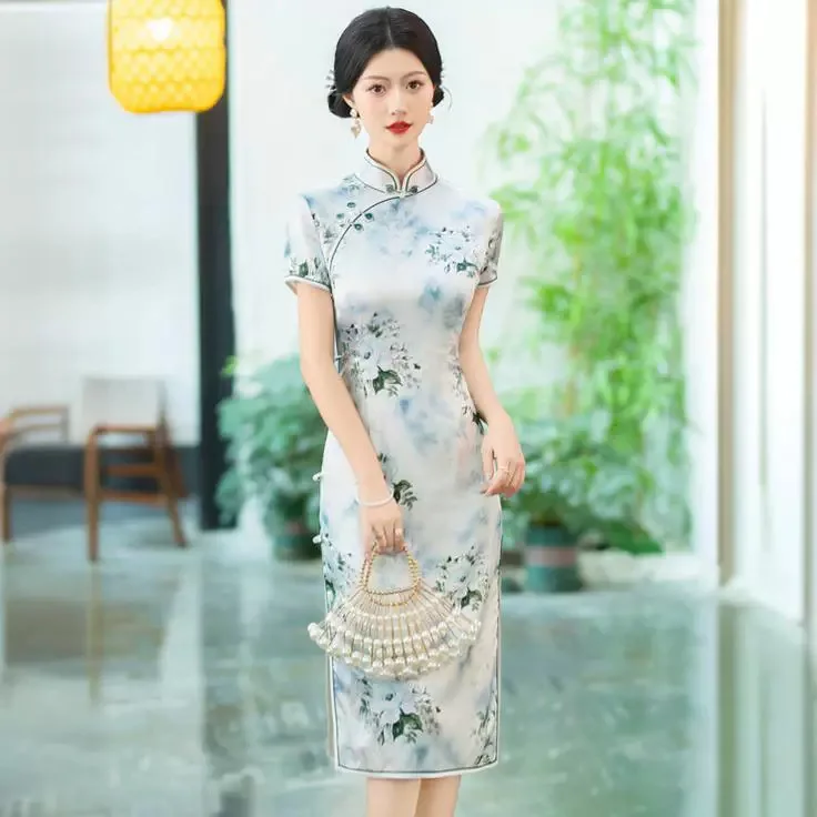 

High-End Quality Real Silk Cheongsam Qipao Women's 2024 Summer Short Sleeve Retro Improved Dress Chinese Dress