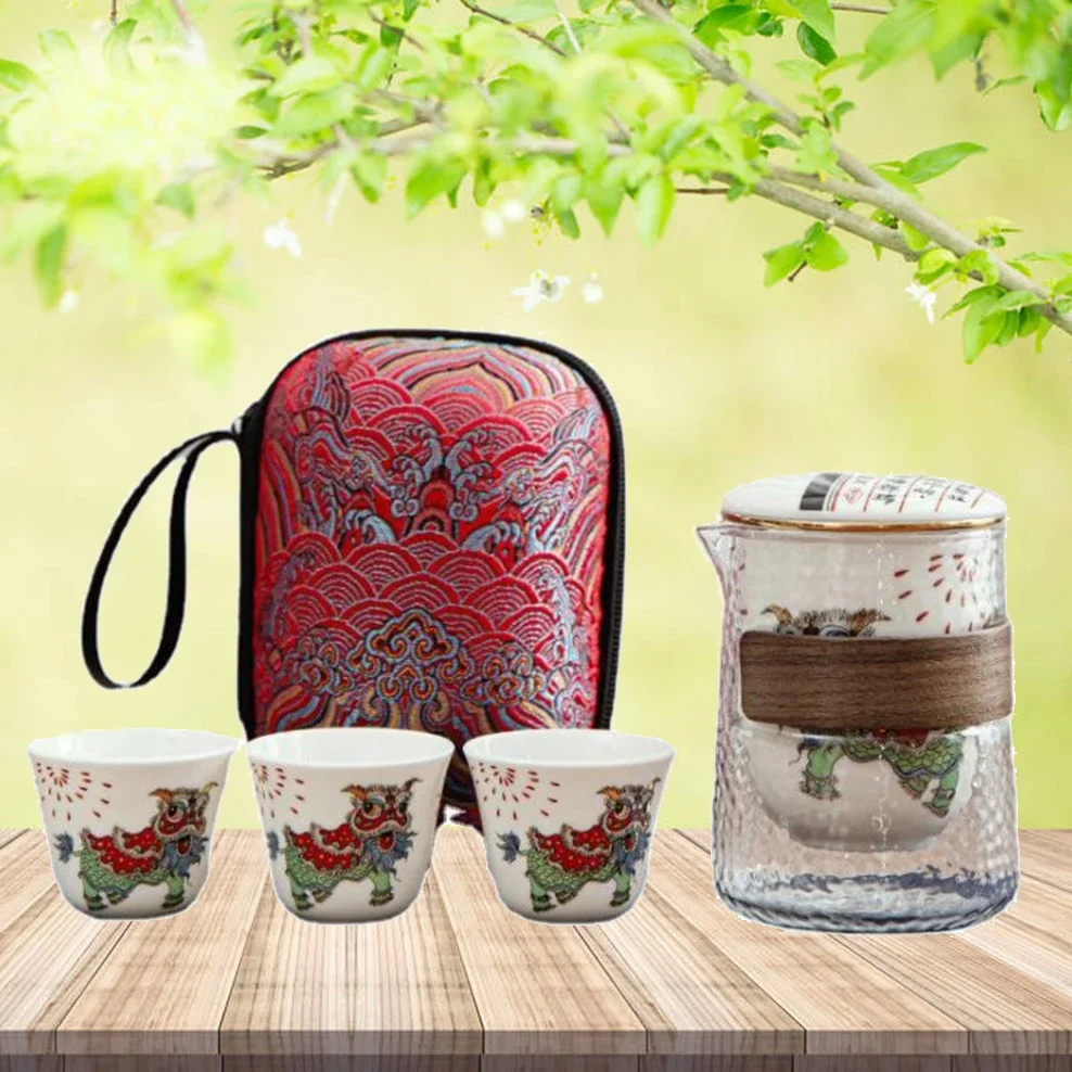 4-Piece Set Kung Fu Tea Set 1 Teapot 3 Cups Glass Teapot Ceramic Quick-Off Cup Outdoor Carrying Bag Travel Teaware