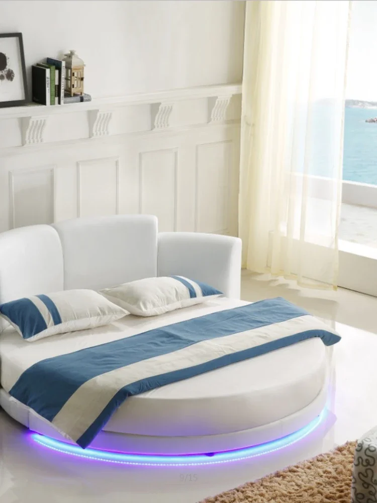 Marco de cama de cuero genuino de vaca, cama redonda de lujo, diseño superior, doble, tapizado, iluminado con lámpara Led