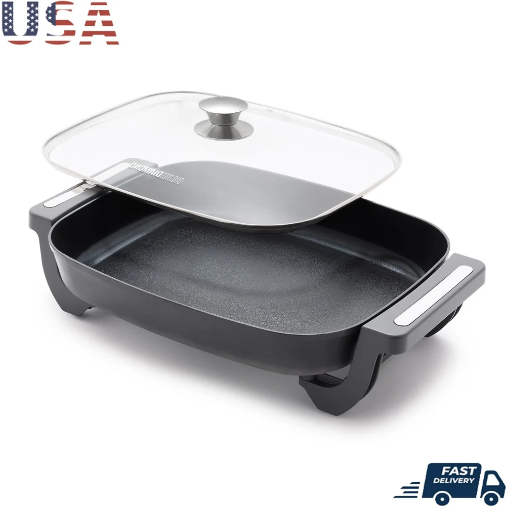 مقلاة كهربائية 7QT مقلاة سيراميك غير لاصقة 5 في 1 أجهزة طهي مع غطاء زجاجي سهلة التنظيف للتحكم في درجة الحرارة العائلي