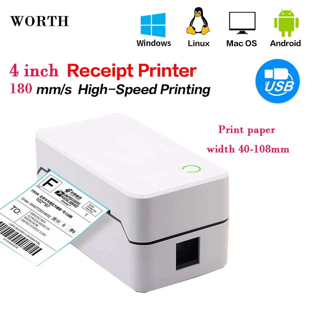 4x6 USB+Bluetooth Thermal Receipt Printer High Speed Printing 90mm/sec, Compatible with ESC/POS Print Commands WTDL407H