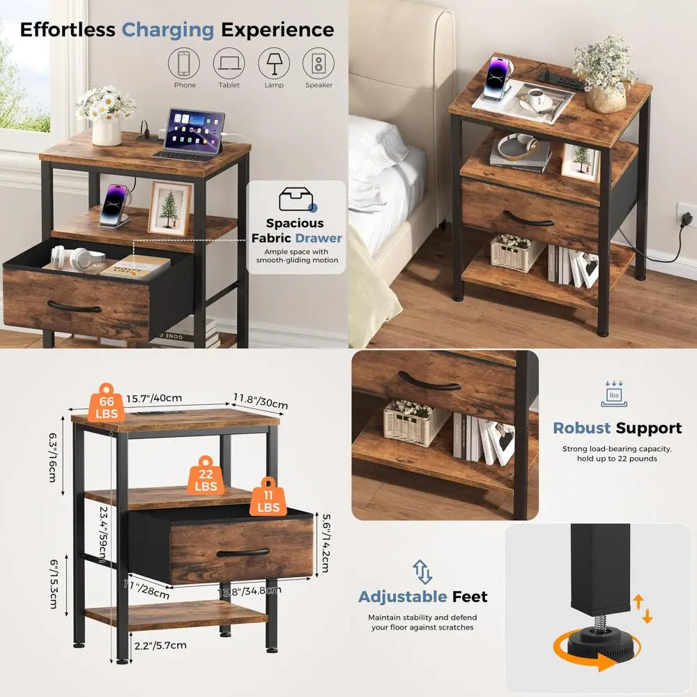 

Прикроватная тумбочка в деревенском стиле с зарядной станцией, открытой полкой для хранения и USB-портами