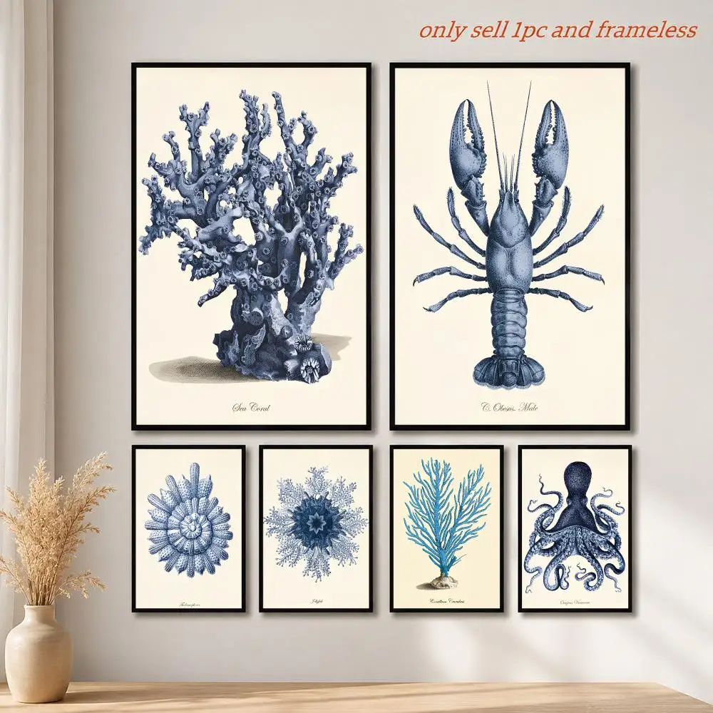 Art Blue marine life display coral shrimp Poster Mural HD Wall Decals for Bedroom Living Room Home Self-Adhesive Decor Gift