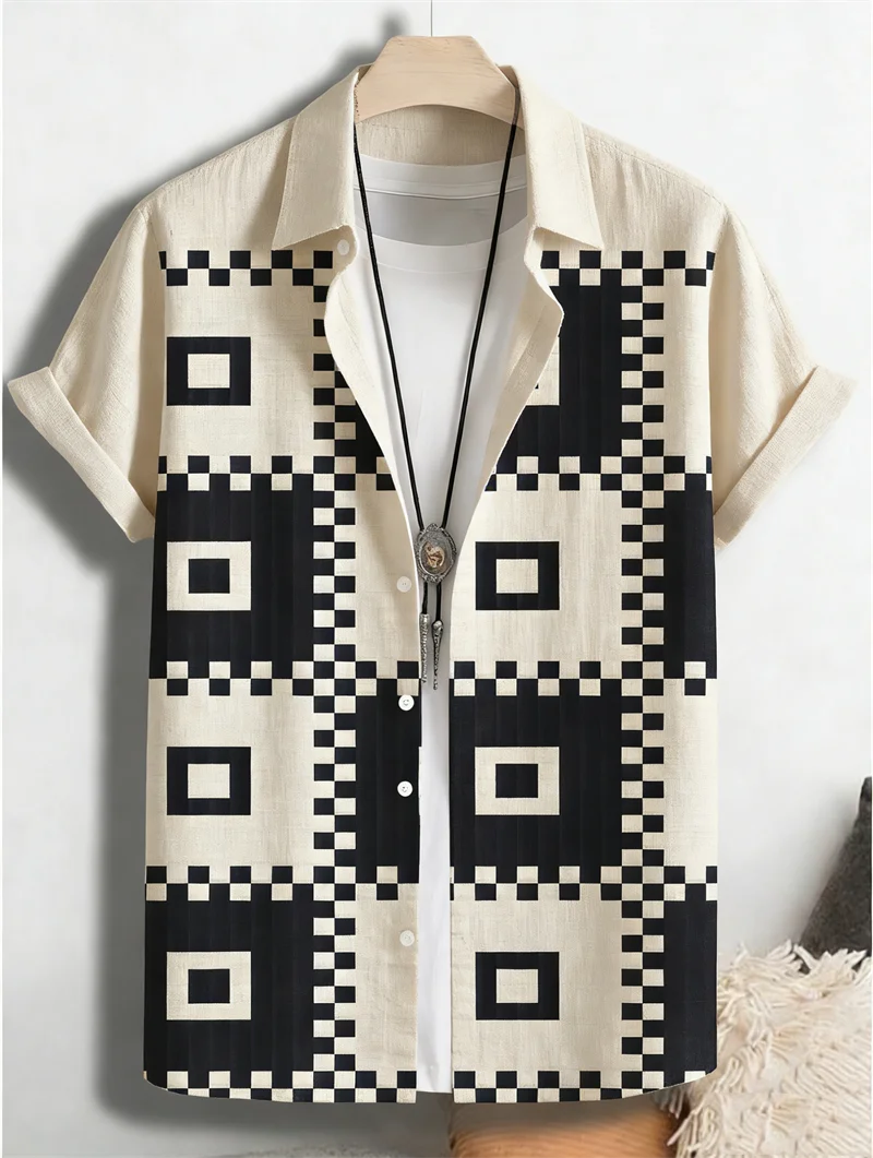 New national style ocean wave totem print men's short sleeve shirt linen breathable retro China-Chic lapel casual shirt