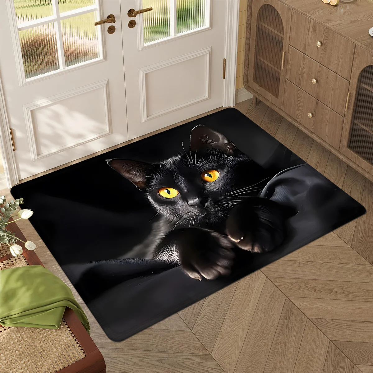 Realistic Animal Entry Mat Stunning Black Cat Bright Golden Eyes Art Rug  Fashion Pet Lover Decoration for Home Entrance