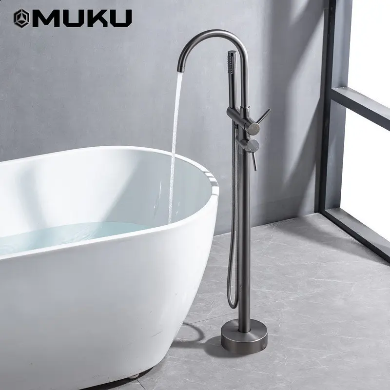 

Gun Gray Floor Stand Bathtub Faucet Tap Copper Cylinder Side Shower Mixing Water Concealed Installation Double Handle Tub Mixer