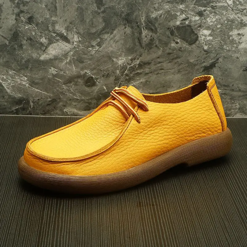 

Туфли из натуральной кожи, мужская повседневная обувь на плоской подошве, деловая брендовая мужская обувь из воловьей кожи, мягкая удобная желтая обувь ﻿