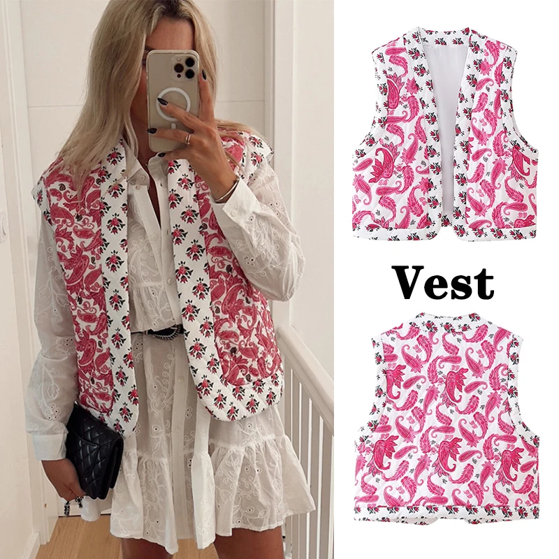 

Women Autumn Winter Vest 2025 Women New Fashion Sleeveless Printing Splice Vest Women Elegant Hight Street Leisure Top
