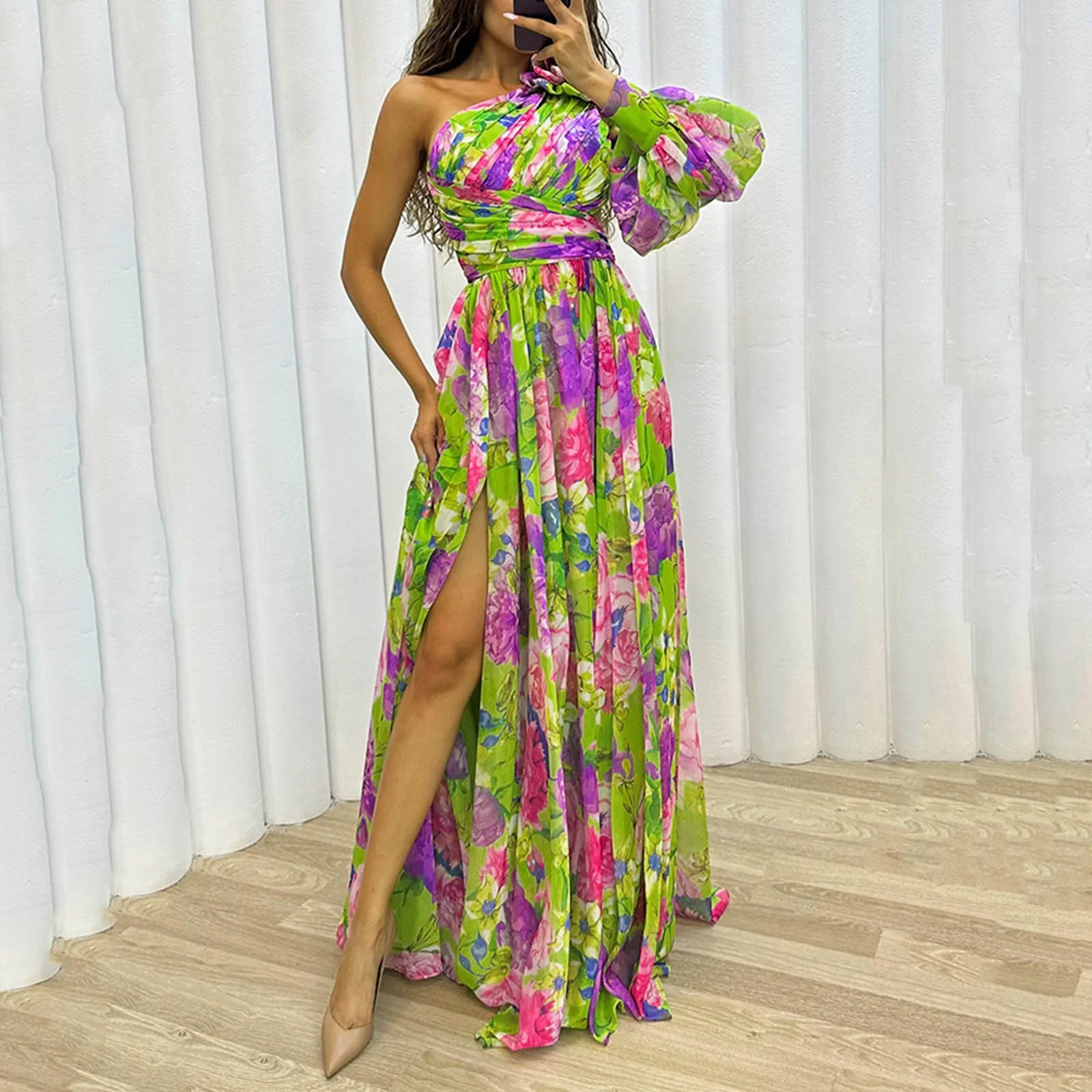 Elegant Formal Party Dress Elegant One Shoulder Tie-dye Ball Gown with Mesh Bubble Sleeves Split Hem Women's Evening Dress