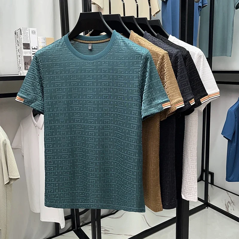 T-shirt Jacquard à manches courtes et col rond pour hommes, à la mode, décontracté et confortable, polyvalent, toutes saisons, nouvelle collection 2025