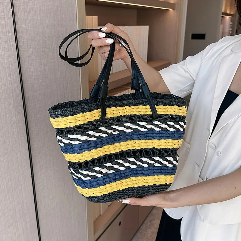 

SHINE Casual Colorful Stripe Straw Woven Luxury Shoulder Bags 2023 Hot Sale Holiday Travel Ladies Large Designer Handbags