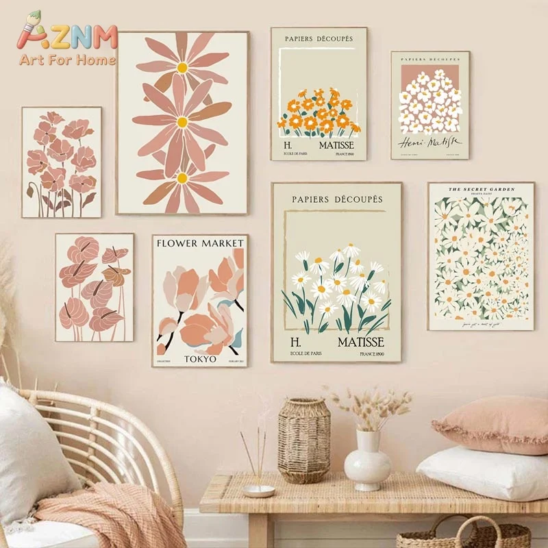 AZNM Frameless Canvas Wall Art, Neutral Matisse Cutout Floral Print, Tokyo Flower Market Pastel Magnolia Daisy Botanical Poster view 2