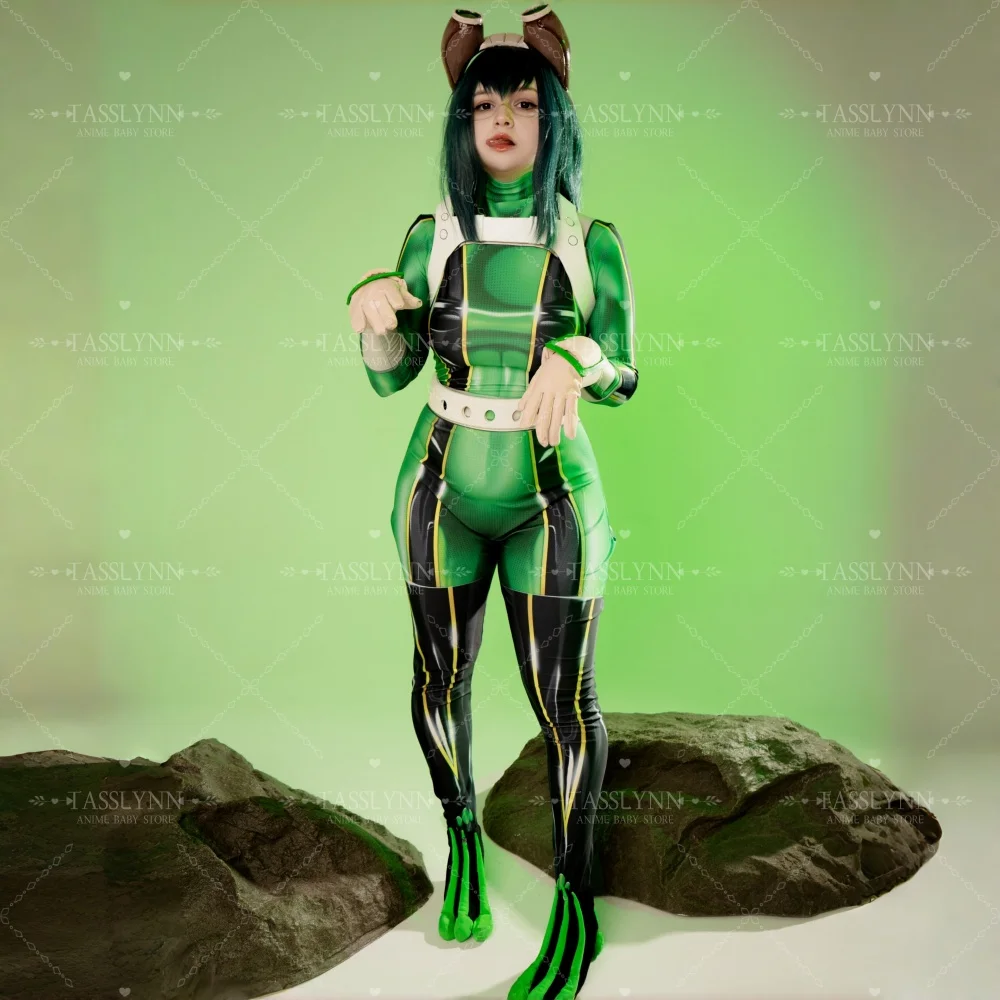 

Halloween Tsuyu Asui Cosplay FROPPY Bodysuit Spandex Cosplay Academia Hero Asui Tsuyu Jumpsuit for Halloween Adults
